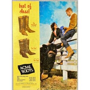 ACME Boots "Best of Class" Steer & Couple on Fence" Vintage Print Ad 1970's